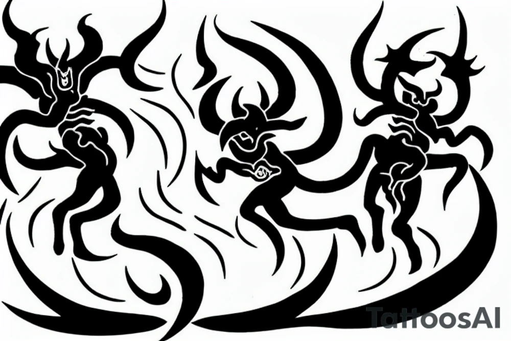 two demons dancing on top of the fire fine style tattoo idea
