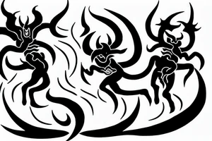 two demons dancing on top of the fire fine style tattoo idea