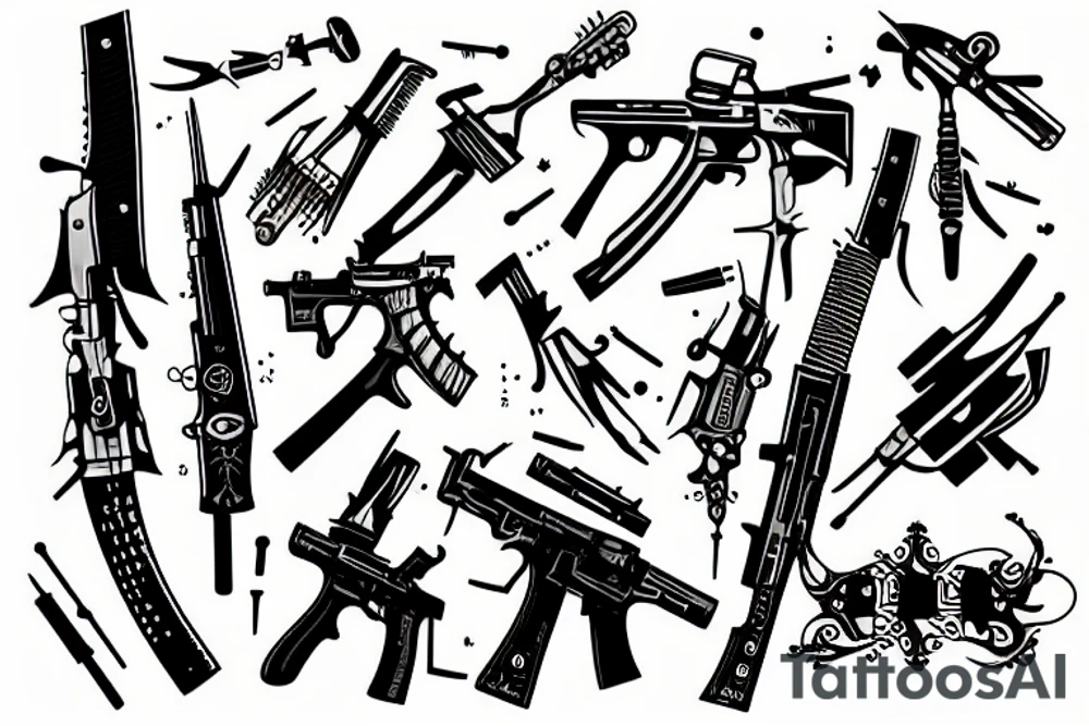 utopia showing weapons and cyber space tattoo idea