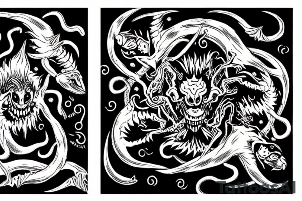 two demons dancing on top of the fire fine style tattoo idea