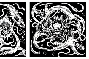 two demons dancing on top of the fire fine style tattoo idea