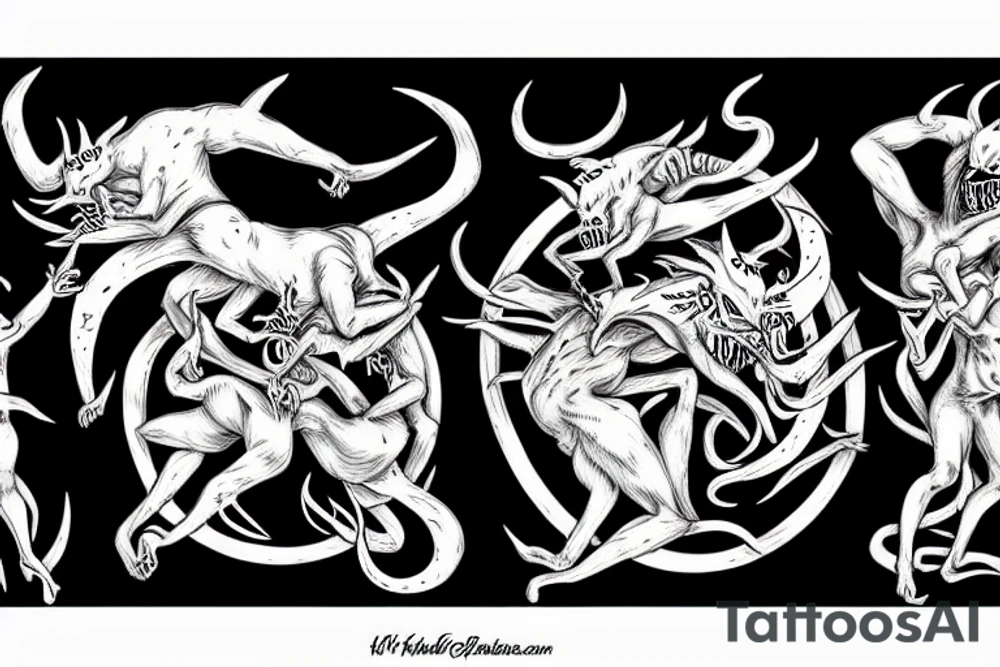 two demons dancing on top of the fire fine style tattoo idea