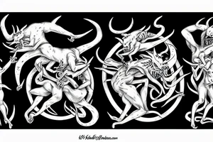 two demons dancing on top of the fire fine style tattoo idea