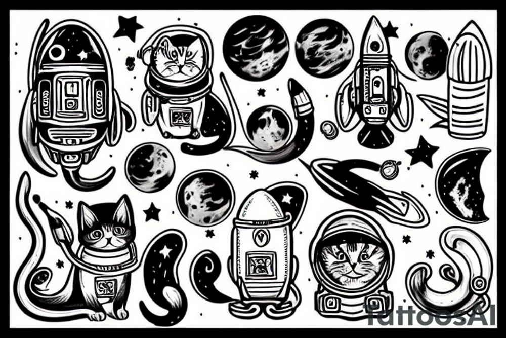 Cat in space riding a rocket tattoo idea