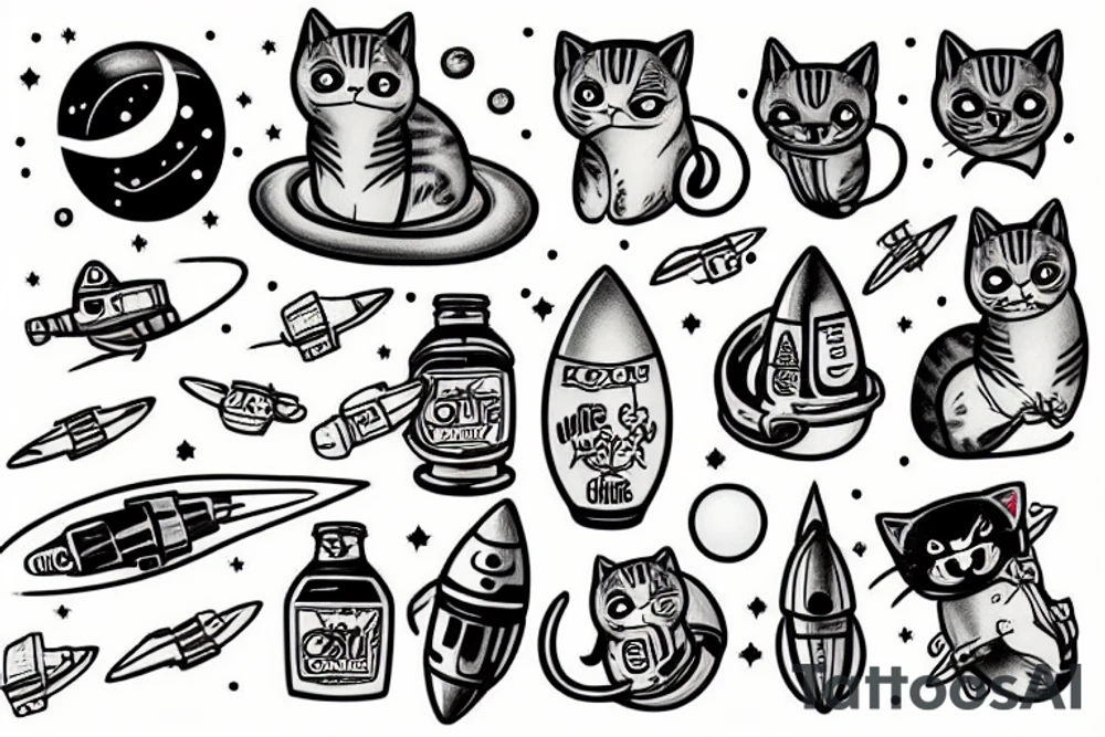 Cat in space riding a rocket tattoo idea