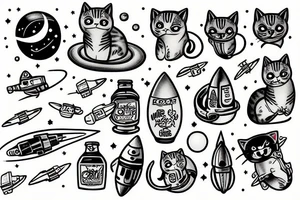 Cat in space riding a rocket tattoo idea