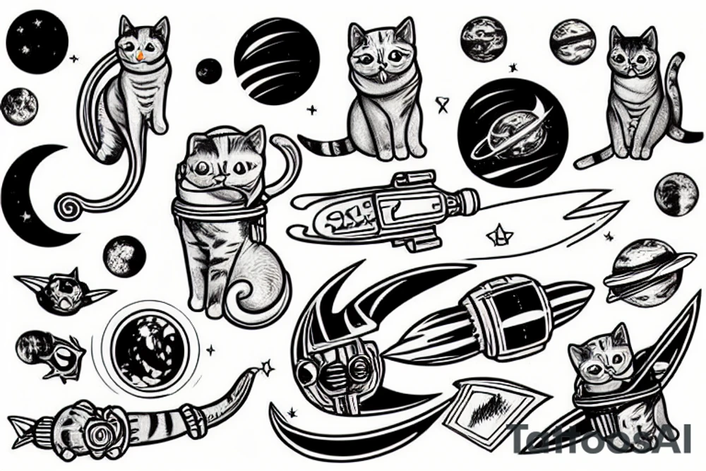 Cat in space riding a rocket tattoo idea