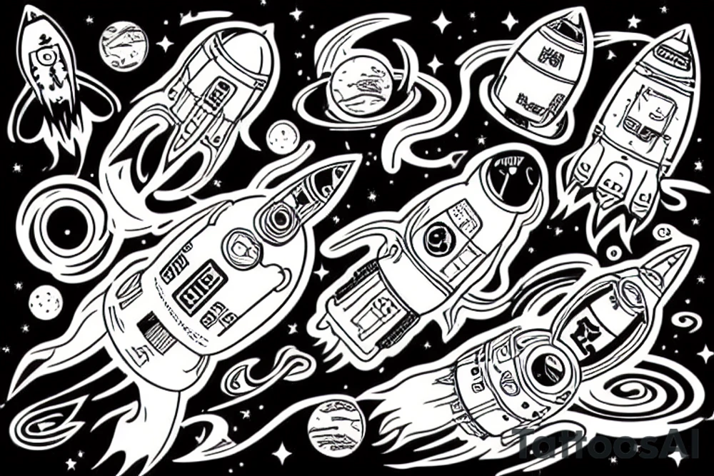 Cat in space riding a rocket tattoo idea