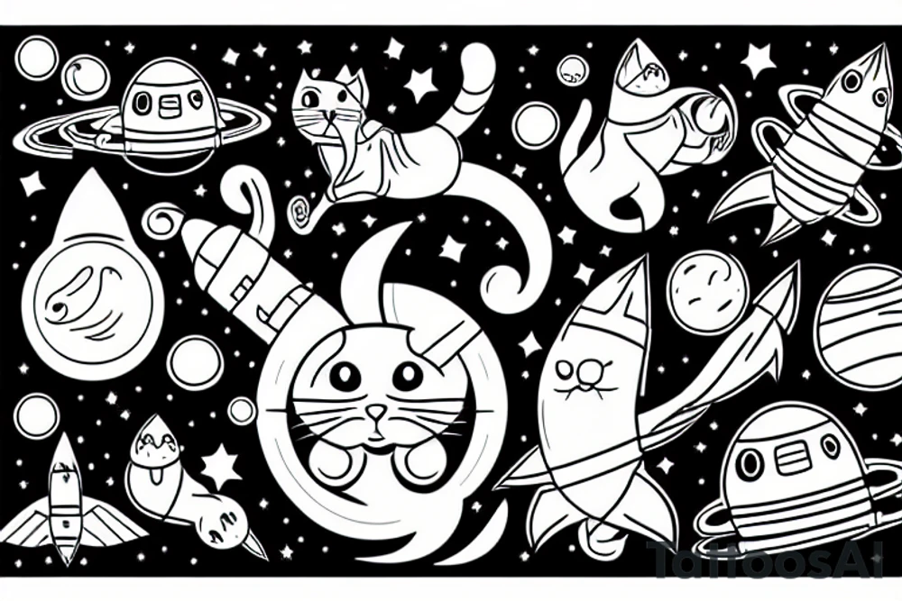 Cat in space riding a rocket tattoo idea
