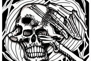 a skeleton hanging another skeleton that's knifing another skeleton tattoo idea