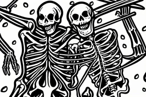 a skeleton hanging another skeleton that's knifing another skeleton tattoo idea