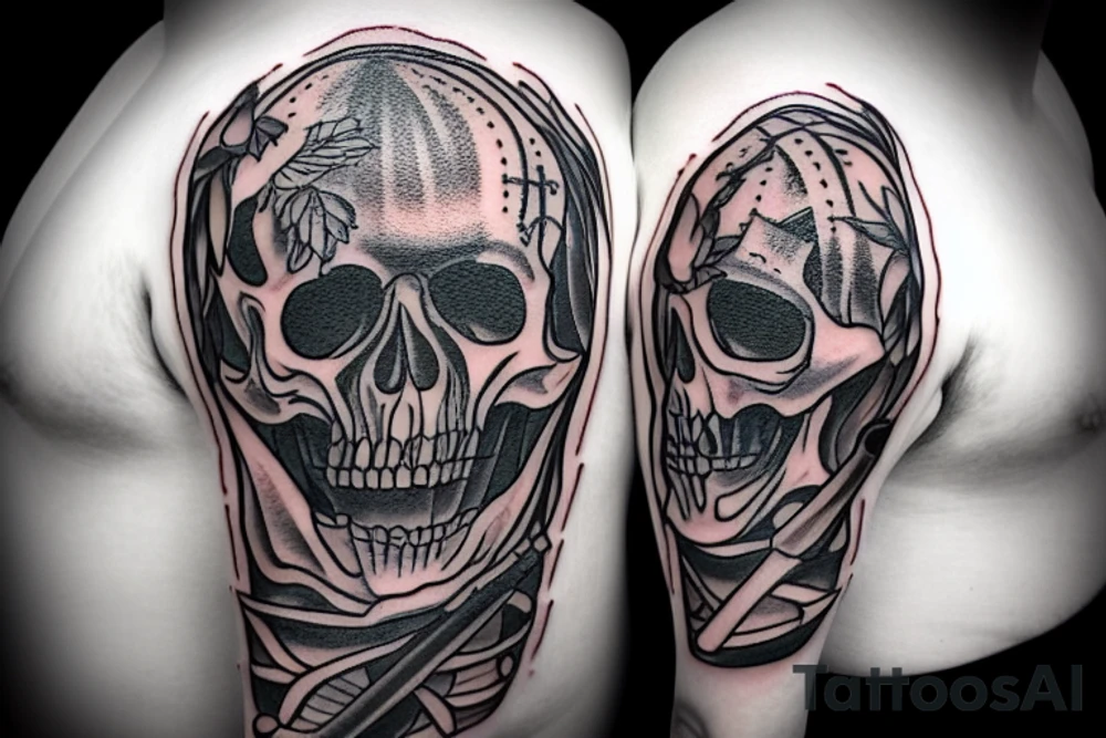a hanged skeleton with a knife in its hand tattoo idea