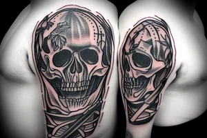 a hanged skeleton with a knife in its hand tattoo idea