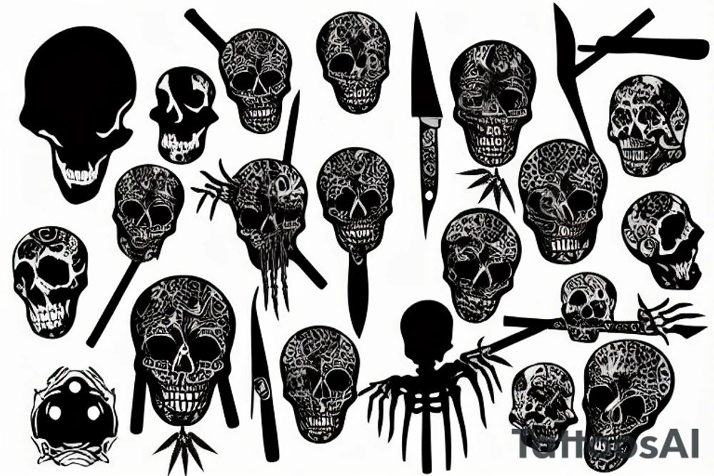 a hanged skeleton with a knife in its hand tattoo idea