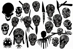 a hanged skeleton with a knife in its hand tattoo idea