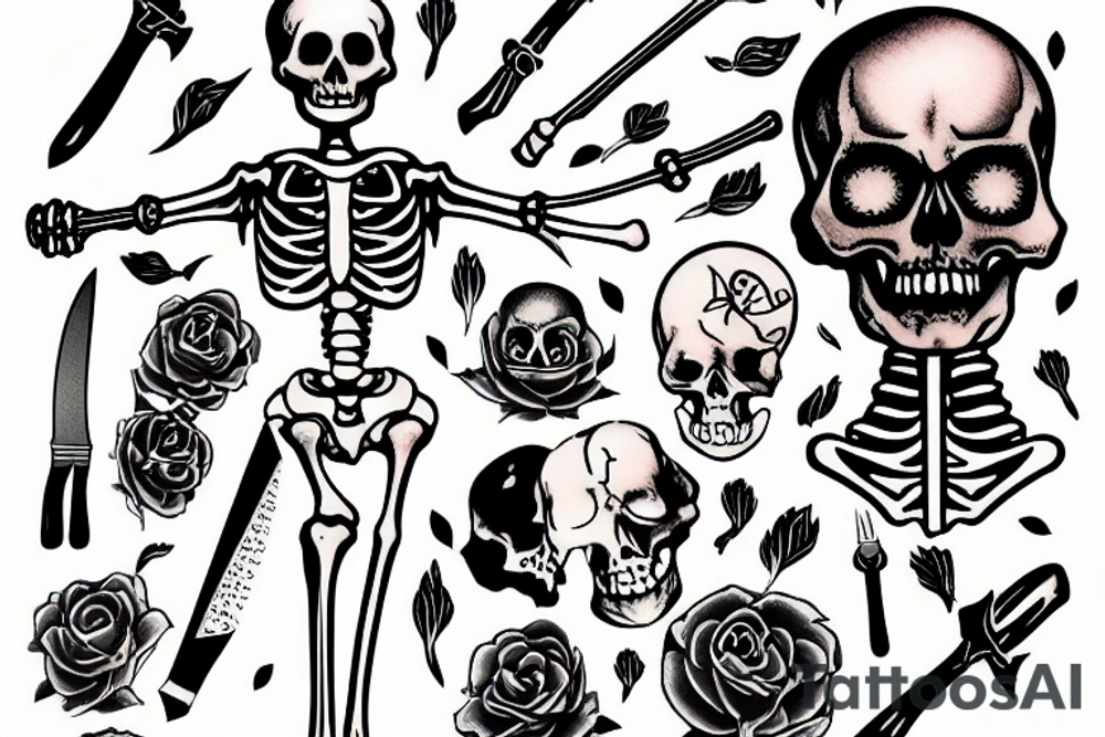 a skeleton with a knife in its hand tattoo idea