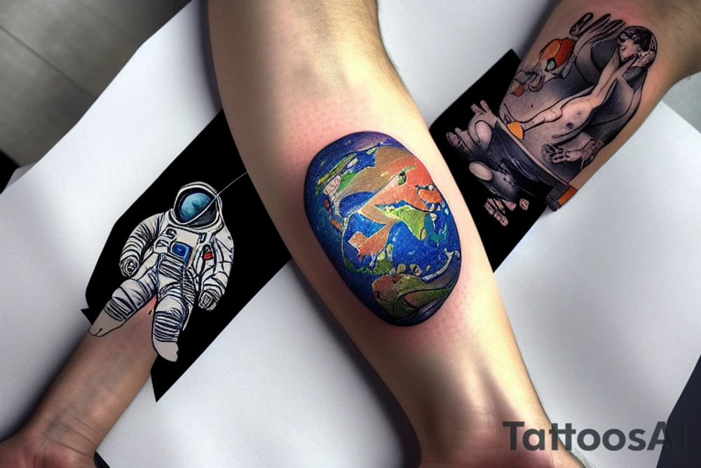 an astronaut kneeling on the moon watching the earth explode tattoo idea