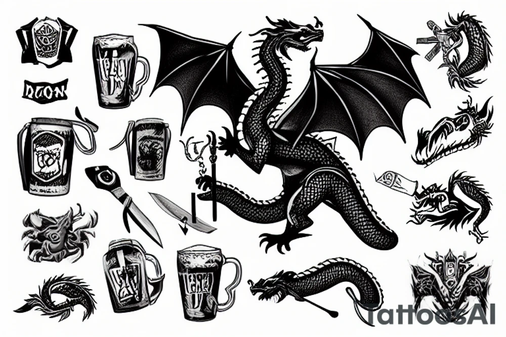 dragon with a knife drinking beer tattoo idea