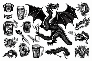 dragon with a knife drinking beer tattoo idea