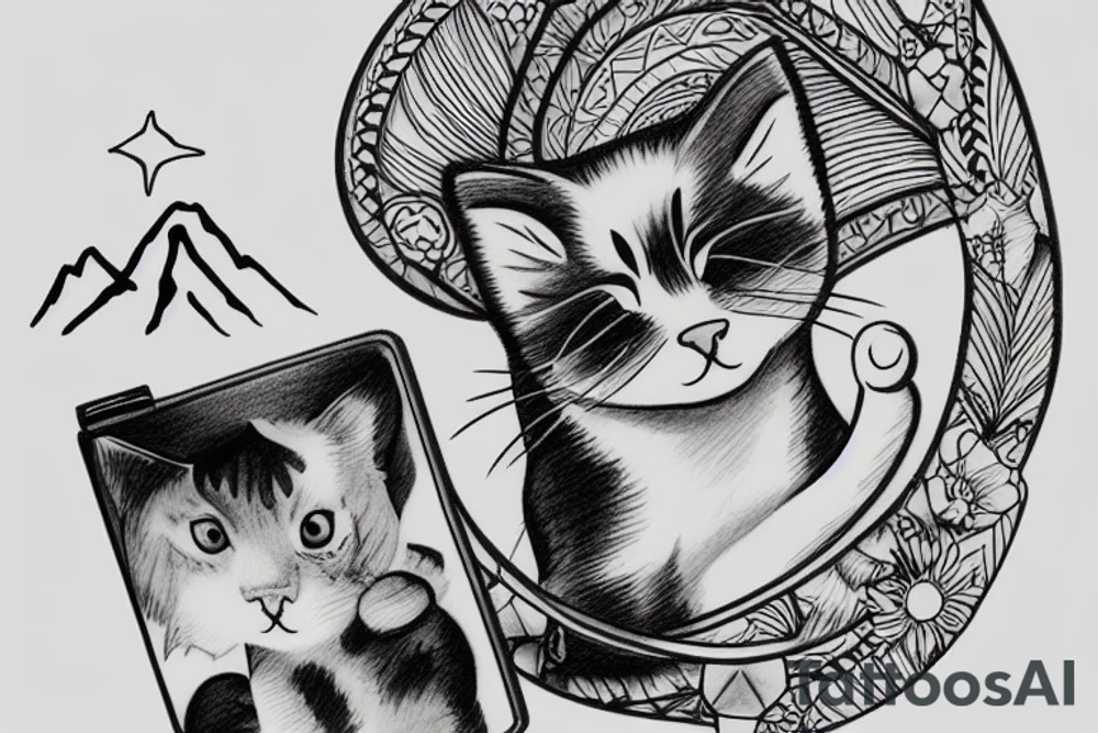 A nice kitty using a guiiar with some mountains in the back tattoo idea