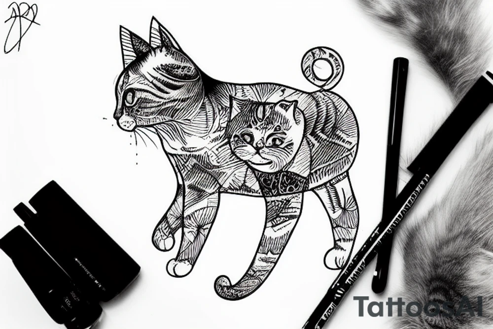 A nice kitty using a guiiar with some mountains in the back tattoo idea