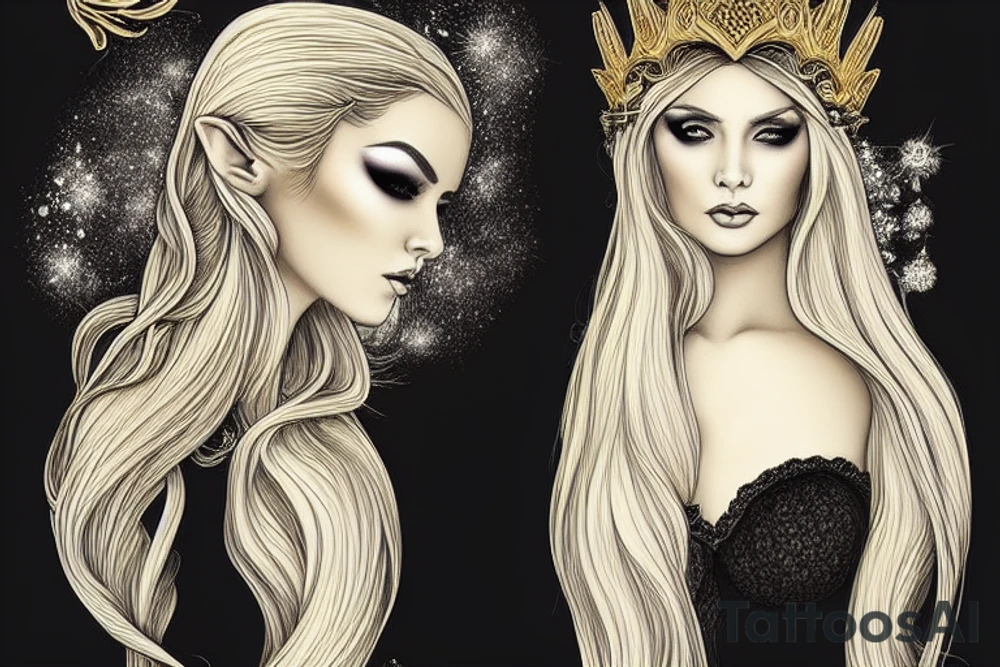 Elven Queen of extraordinary beauty, with her timeless features and golden river of hair,  was highly praised for her beauty, particularly that of her hair, which was a deep and radiant gold, shot with silver. tattoo idea