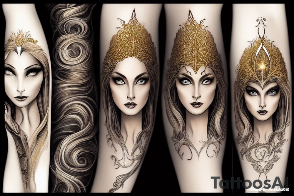 Elven Queen of extraordinary beauty, with her timeless features and golden river of hair,  was highly praised for her beauty, particularly that of her hair, which was a deep and radiant gold, shot with silver. tattoo idea