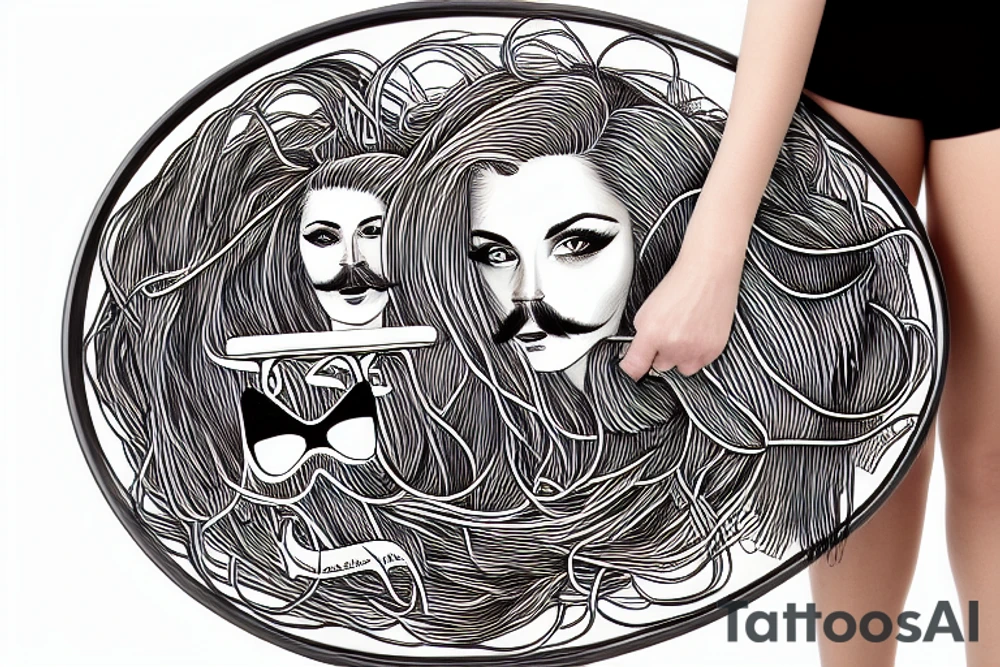 woman with a moustache on a skateboard holding a plate of spaghetti tattoo idea