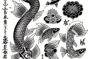 Pike fish, lotus flowers and molecular diagrams tattoo idea