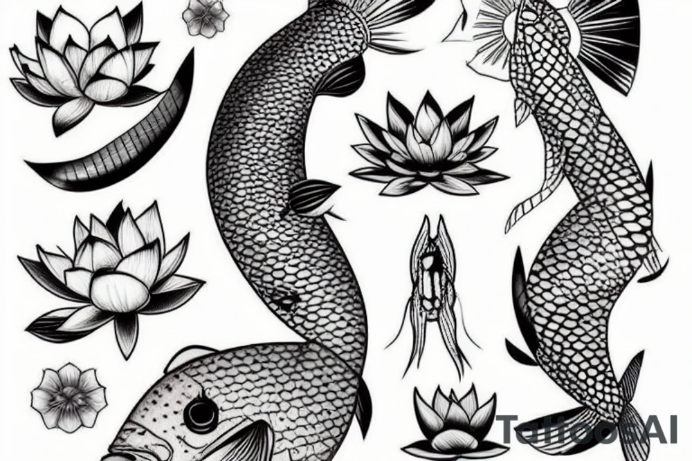 Pike fish, lotus flowers and molecular diagrams tattoo idea