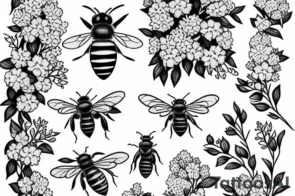 honeybee next to a bouquet of lilacs tattoo idea