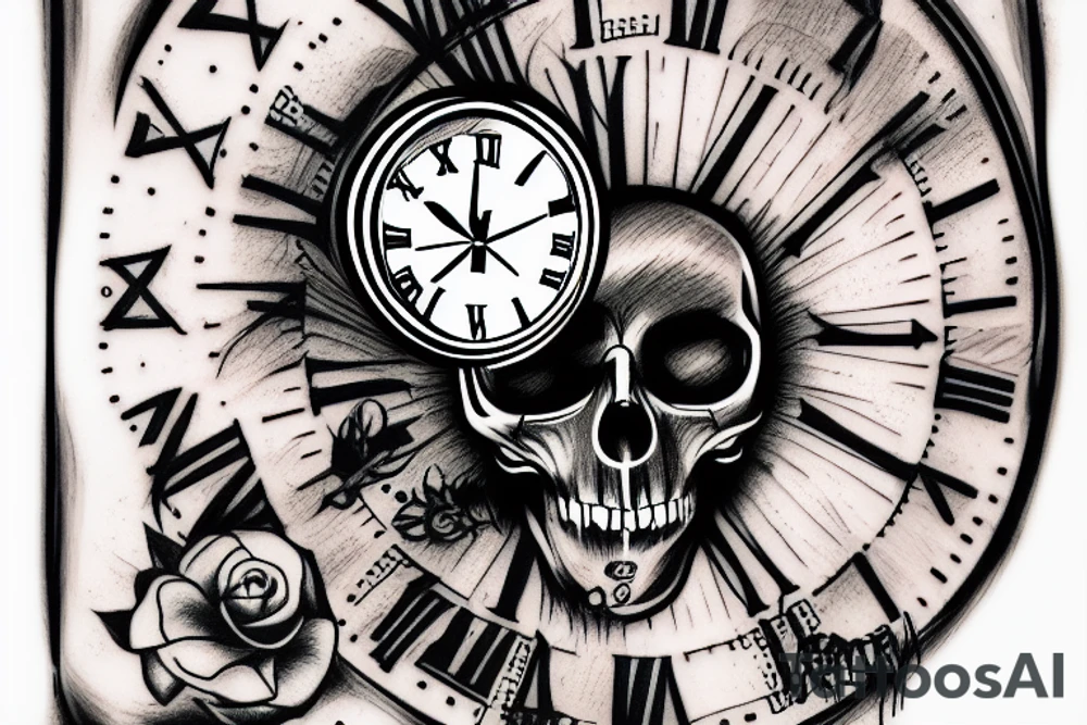 clock engraved in a skull tattoo idea
