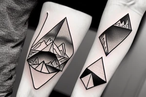geometric mountain scene with a lake on forearm enclosed in a triangle tattoo idea