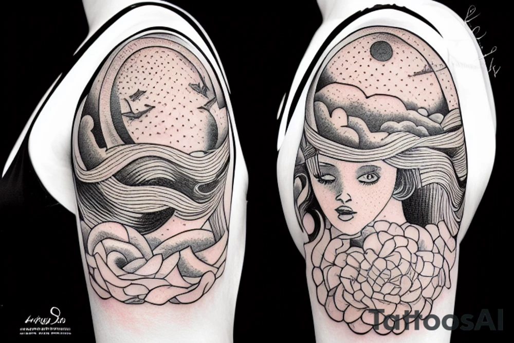 Girl in a dress orbiting around the sun under water tattoo idea