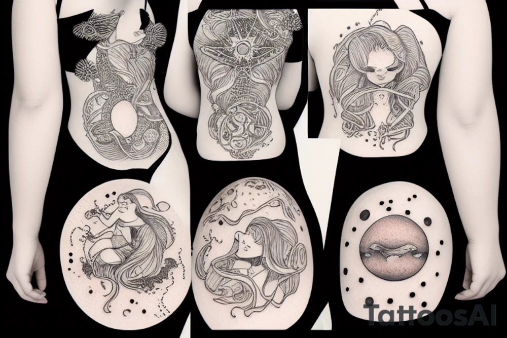 Girl in a dress orbiting around the sun under water tattoo idea