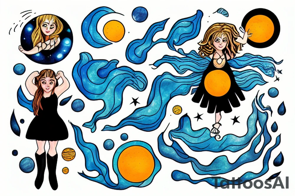 Girl in a dress orbiting around the sun under water tattoo idea