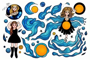 Girl in a dress orbiting around the sun under water tattoo idea
