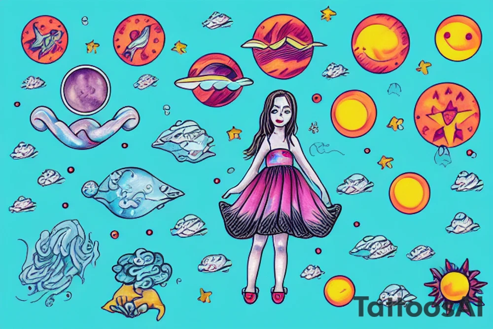 Girl in a dress orbiting around the sun under water tattoo idea