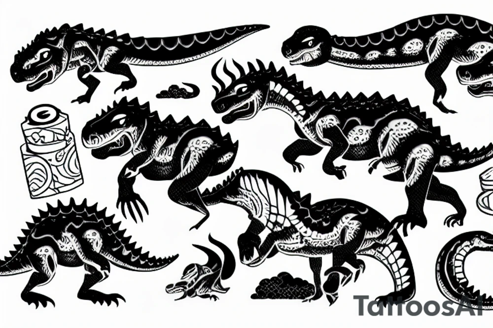 japanese style dinosaur with flames tattoo idea