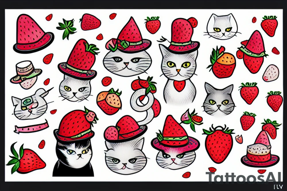 cat with a strawberry hat flying tattoo idea