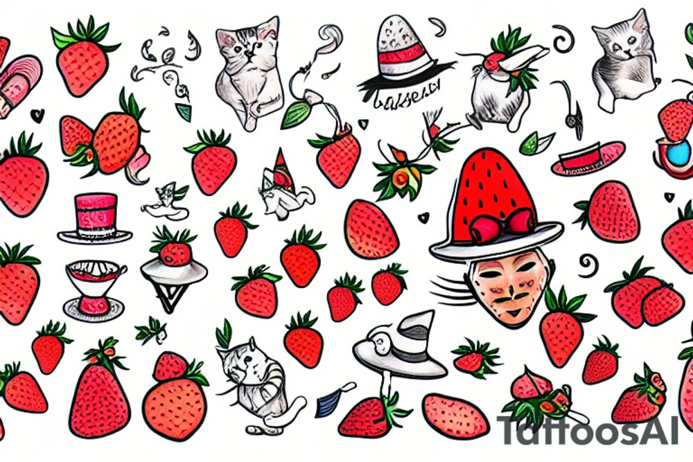 cat with a strawberry hat flying tattoo idea
