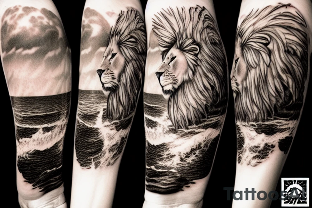 lion with windblown mane looking off a cliff toward a lighthouse on an island offshore tattoo idea