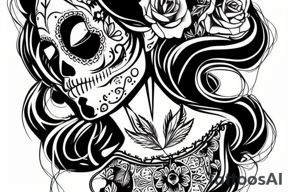 Cannabis themed sugar skull sexy woman juggling tattoo idea