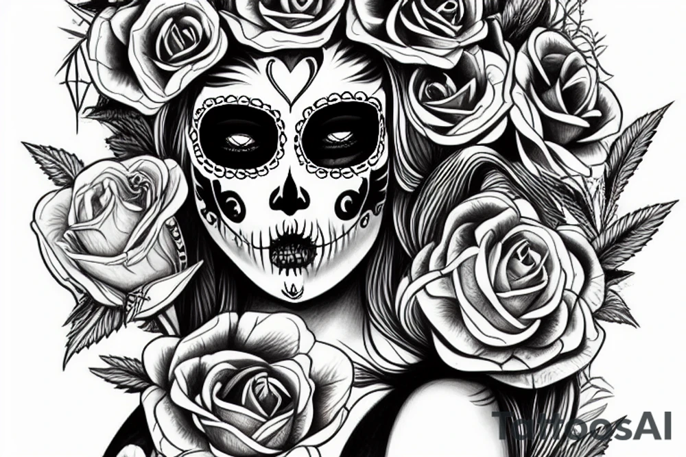 Cannabis themed sugar skull sexy woman juggling tattoo idea