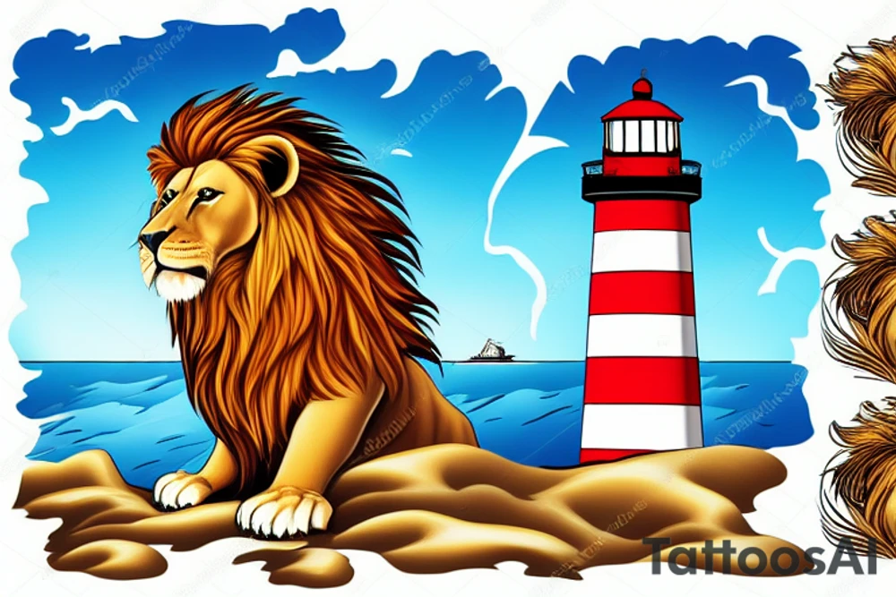 lion with windblown mane looking off a cliff toward a lighthouse on an island offshore tattoo idea