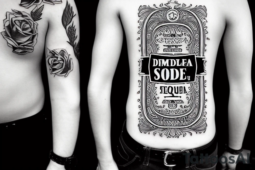 A bottle of tequila with We Dem Bois written in the Godfather font tattoo idea