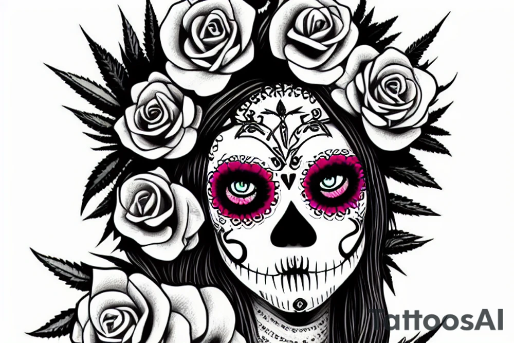 Full body Cannabis themed sugar skull sexy woman juggling tattoo idea