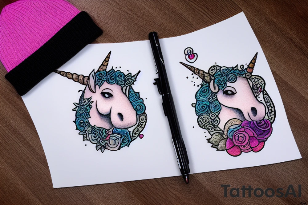 a chubby unicorn wearing a beanie tattoo idea