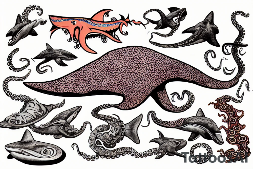 an octopus made out of jimmy hendrix's guitar riding a shark through a coral reef tattoo idea