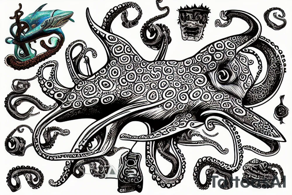 an octopus made out of jimmy hendrix's guitar riding a shark through a coral reef tattoo idea